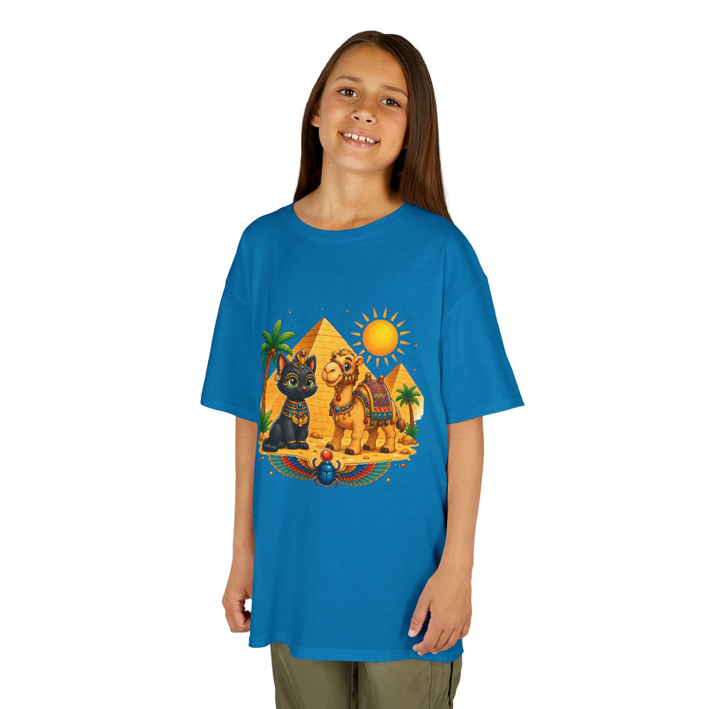 Egyptian Cats and Camel Kids Tee | Pyramid Desert Sun Illustration