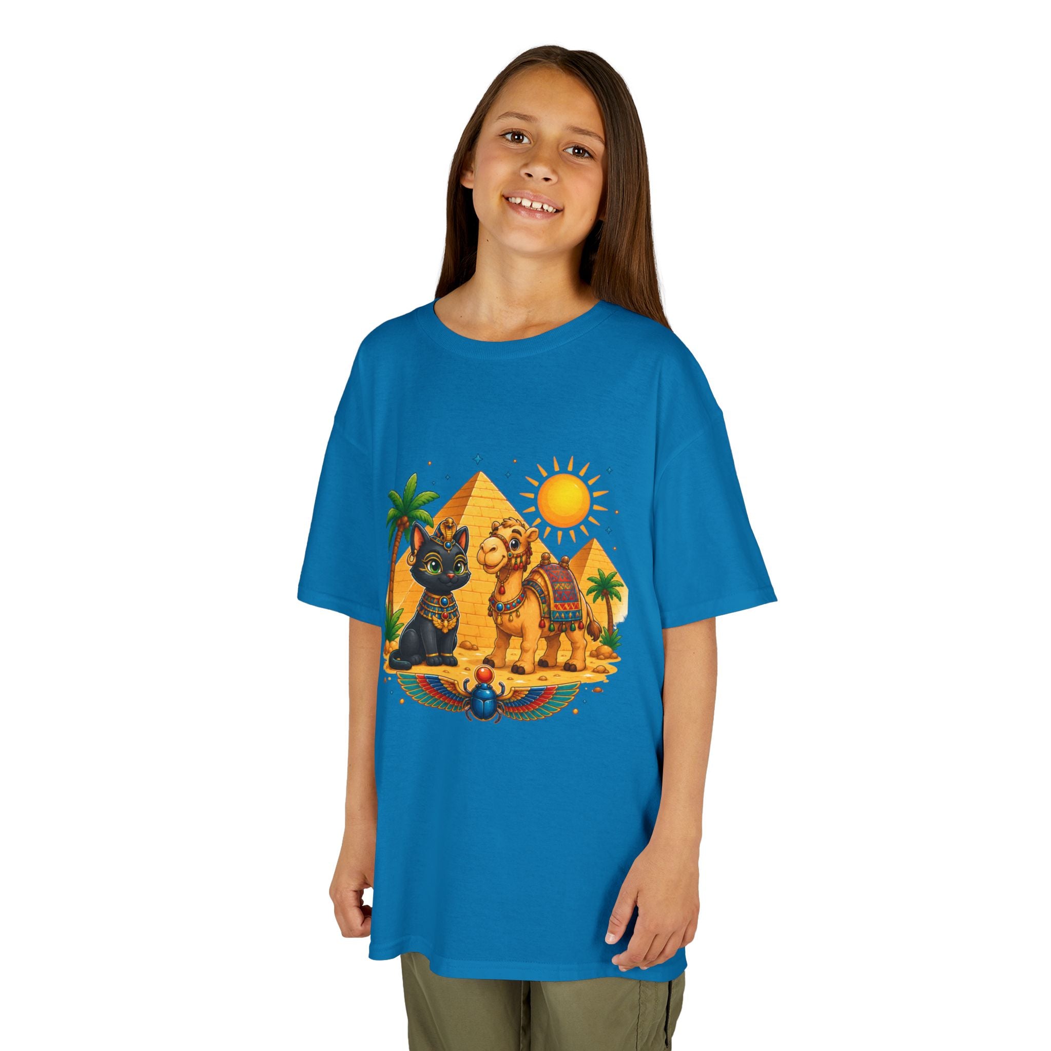 Egyptian Cats and Camel Kids Tee | Pyramid Desert Sun Illustration