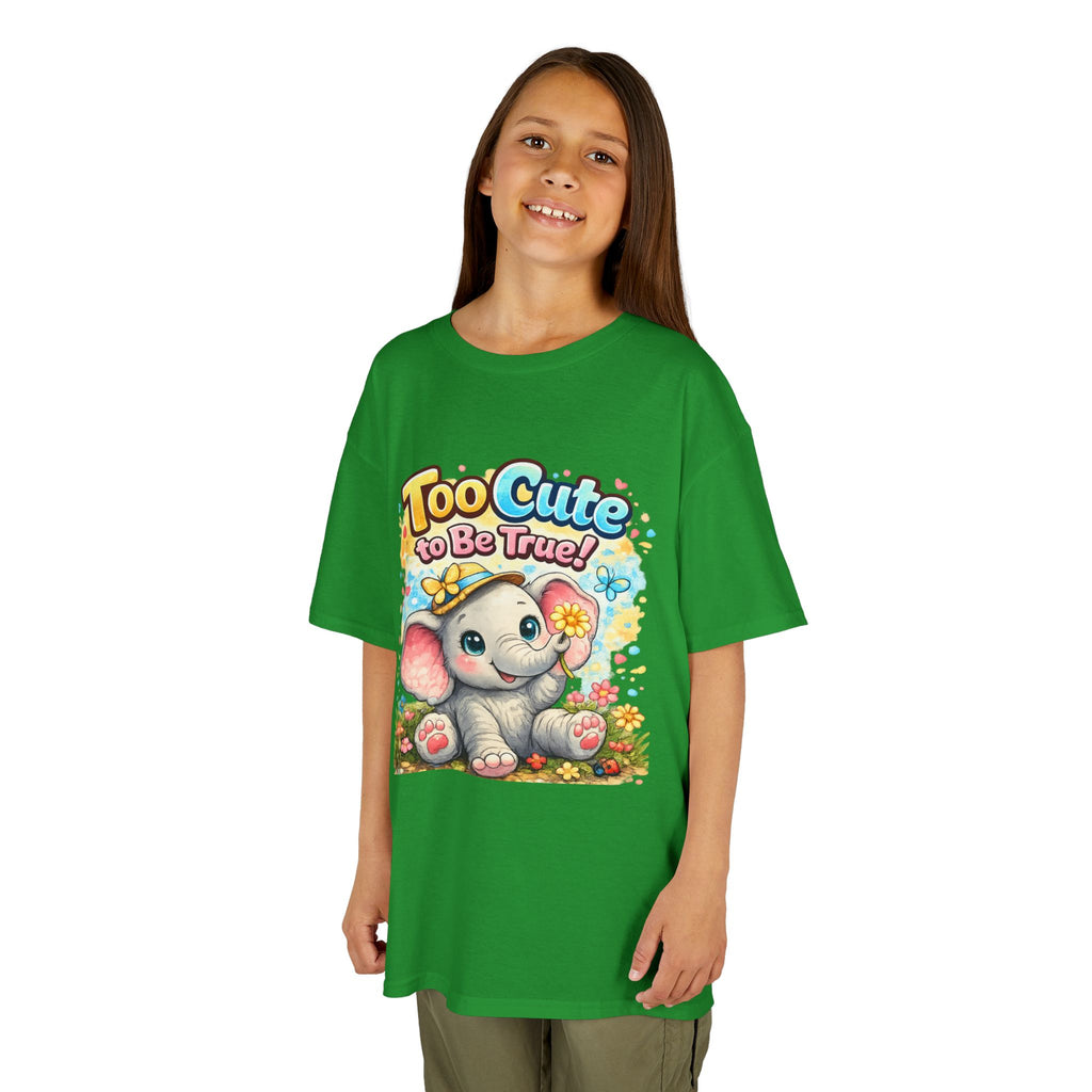 Kids Tee — "Too Cute to Be True" Elephant Graphic