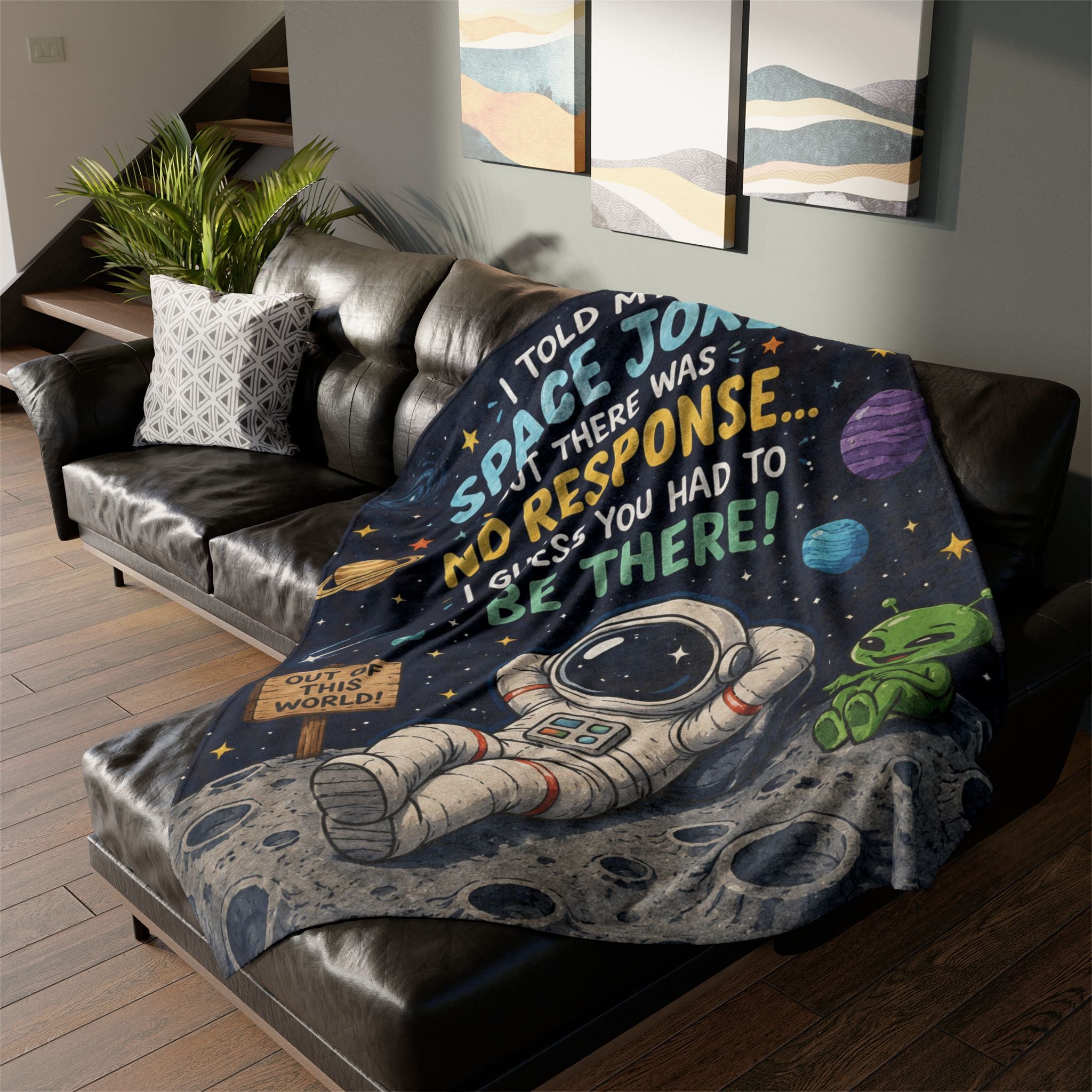 Astronaut & Alien Space Joke Blanket — "I Told My Space Joke... No Response" Cozy Throw