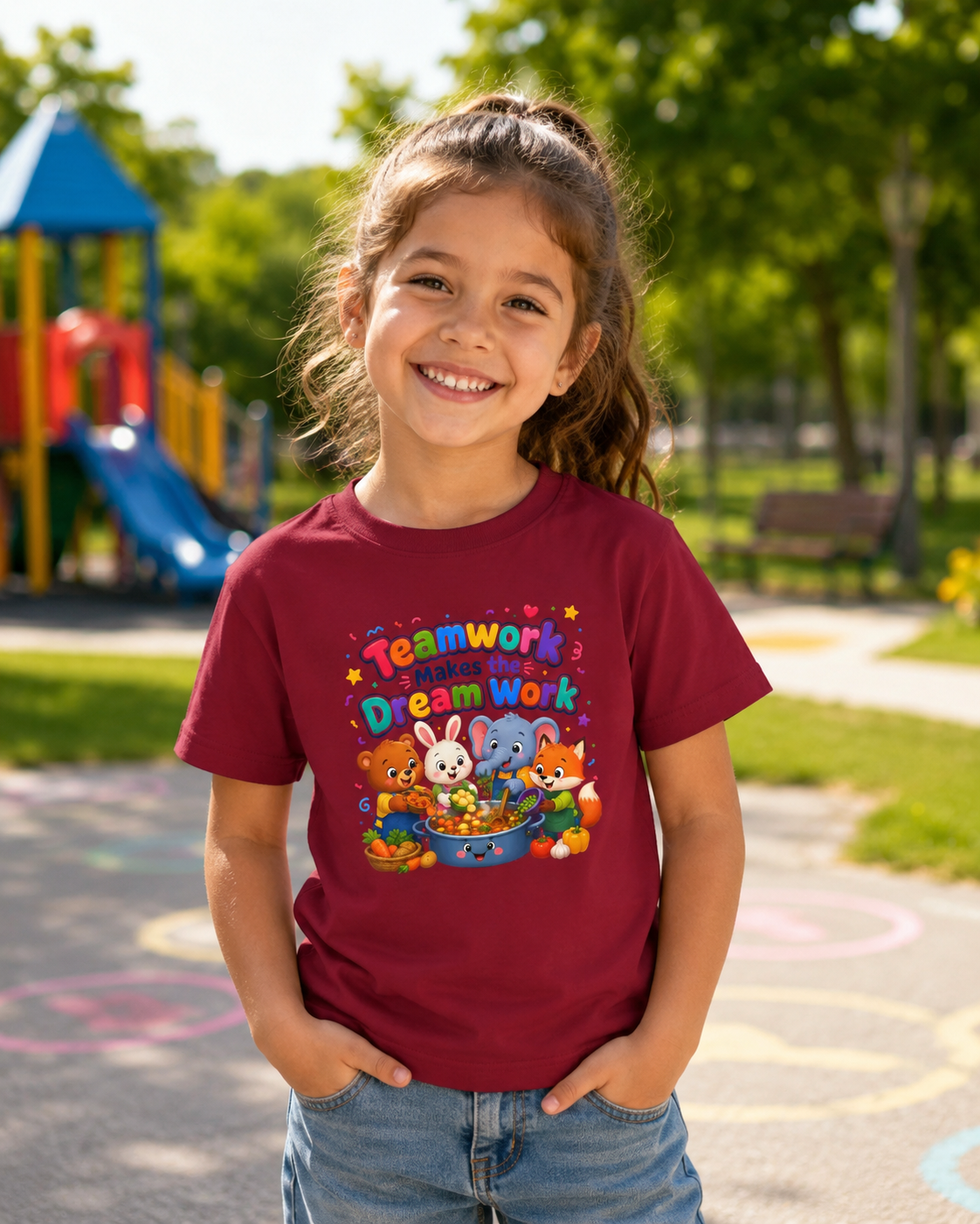 Kids Tee — “Teamwork Makes the Dream Work” Cute Animal Classroom Shirt