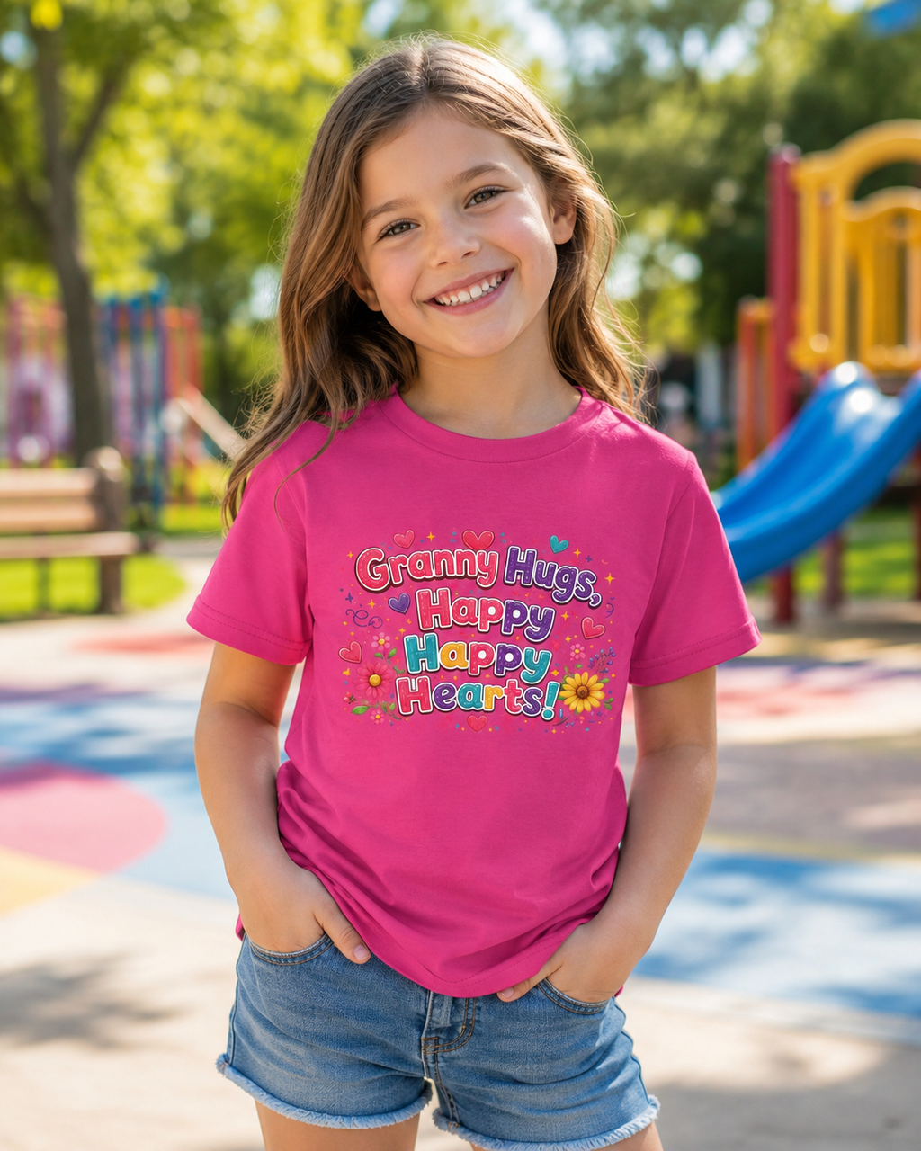 Granny Hugs Happy Hearts Kids Tee | Colorful Floral Kids Shirt