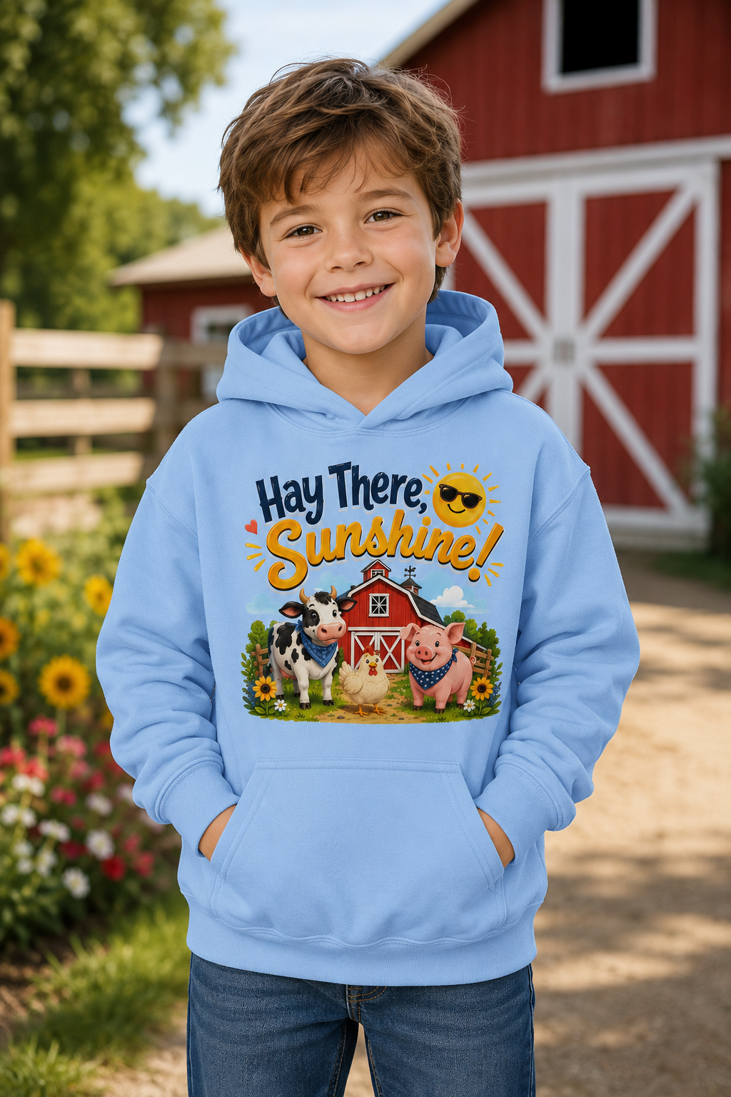Hay There Sunshine! Kids Hoodie - Cute Farm Animals Barnyard Sweatshirt