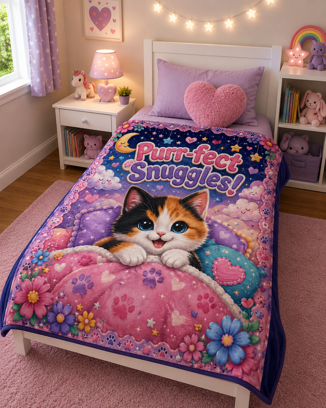 Purr-fect Snuggles Blanket — Cute Calico Kitten Plush Throw for Kids & Cat Lovers