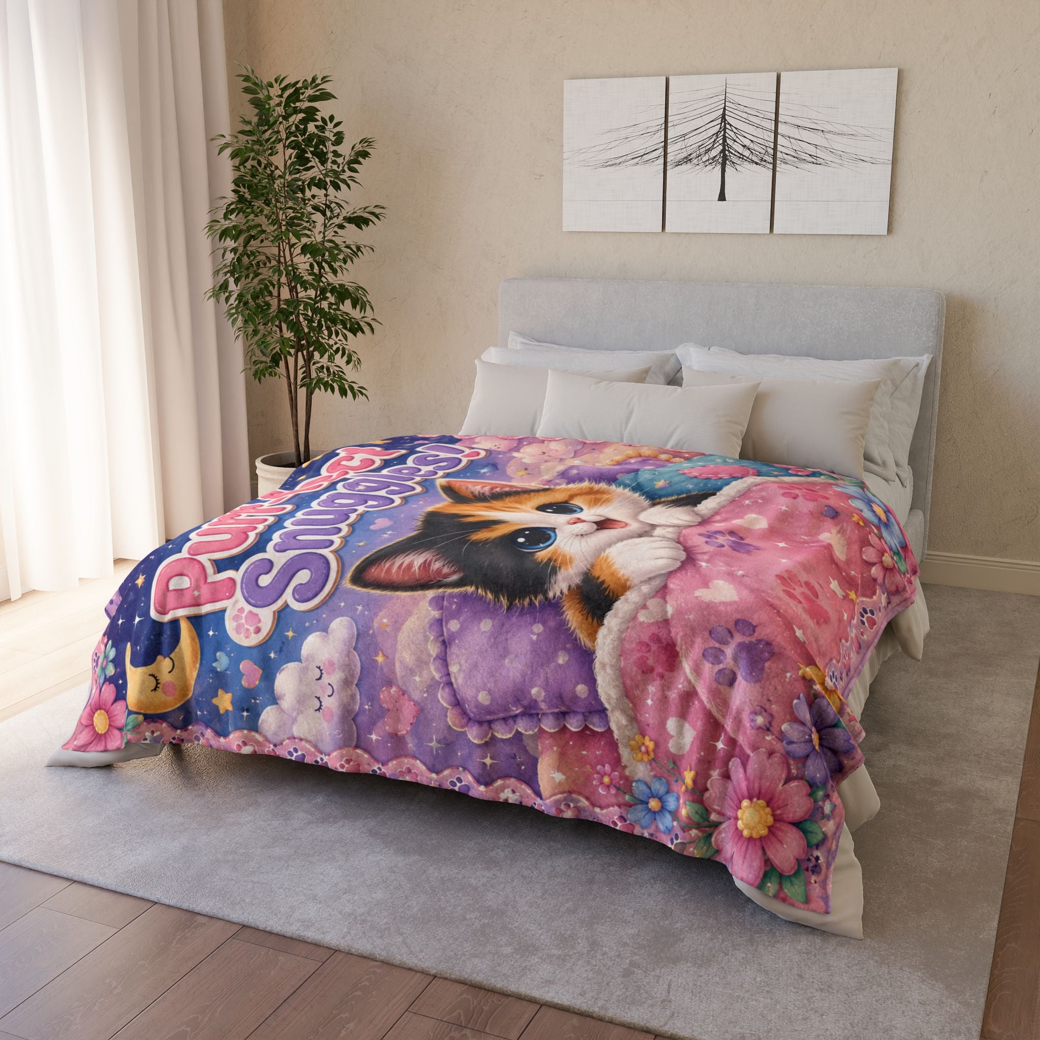 Purr-fect Snuggles Blanket — Cute Calico Kitten Plush Throw for Kids & Cat Lovers