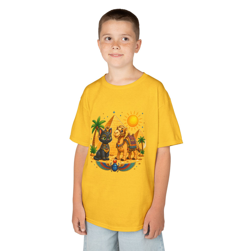 Egyptian Cats and Camel Kids Tee | Pyramid Desert Sun Illustration