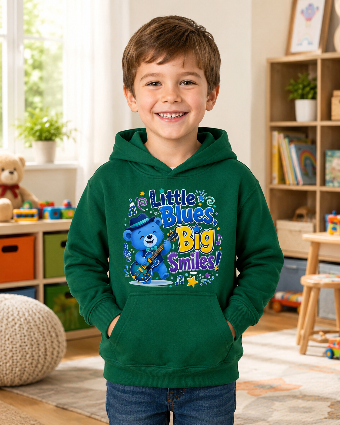 Kids Hoodie - "Little Blues, Big Smiles" Cute Blue Bear Guitar Hoodie for Toddlers