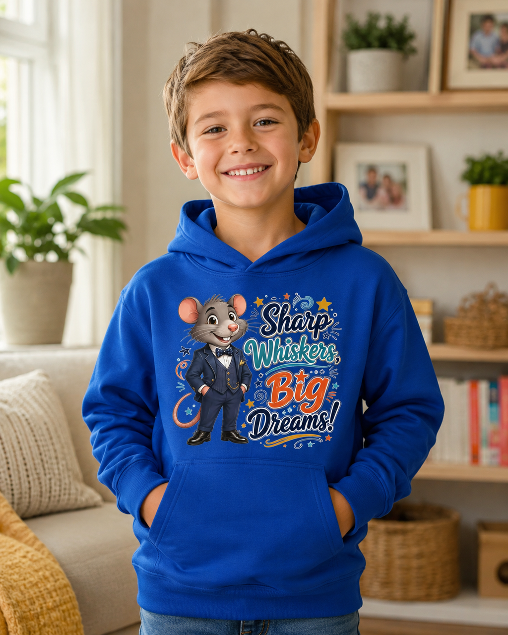 Kids Hoodie — Sharp Whiskers, Big Dreams! Cute Motivational Mouse Graphic Hoodie