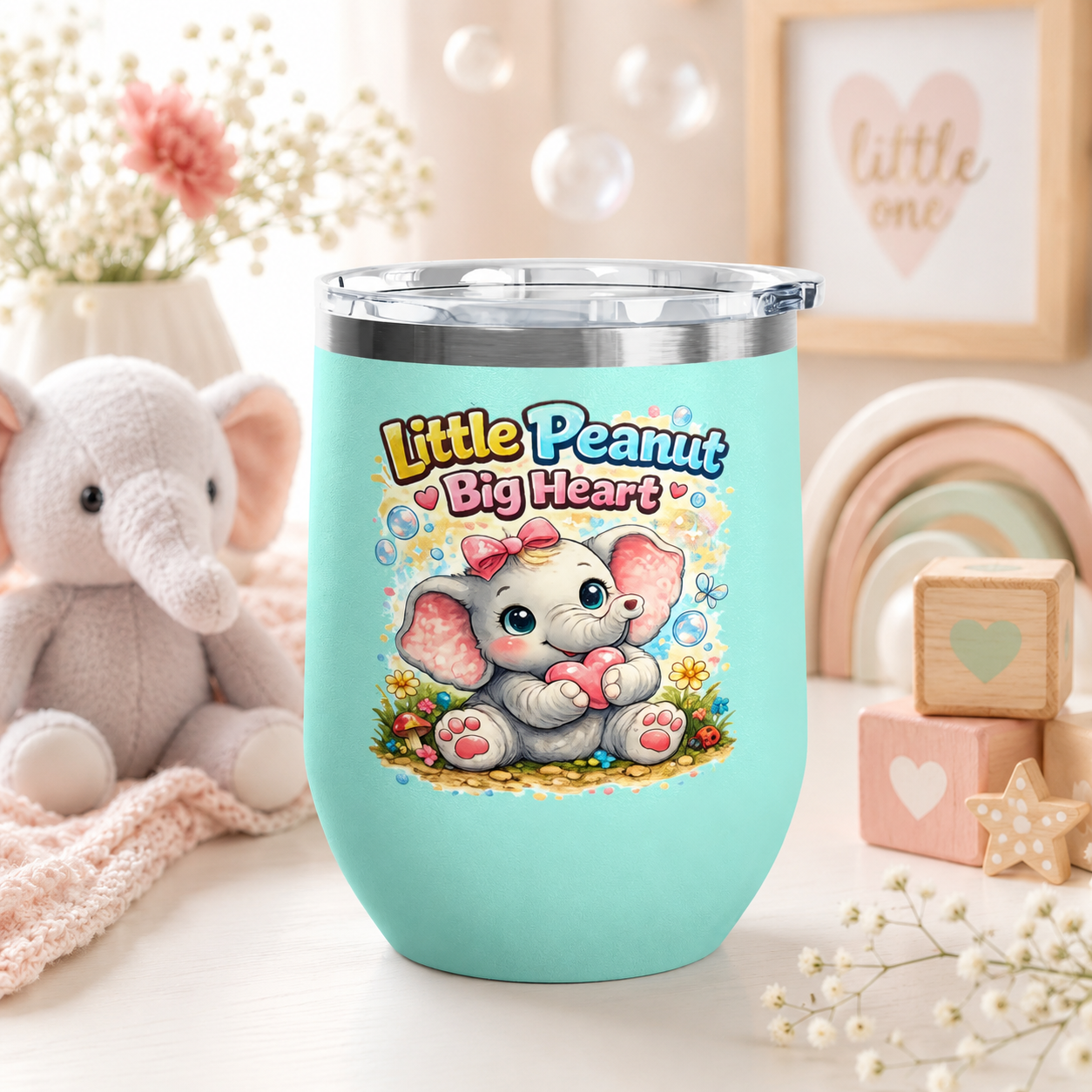 12oz Tumbler — 'Little Peanut Big Heart' Cute Baby Elephant Insulated Cup