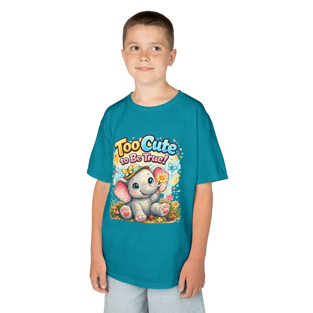 Kids Tee — "Too Cute to Be True" Elephant Graphic