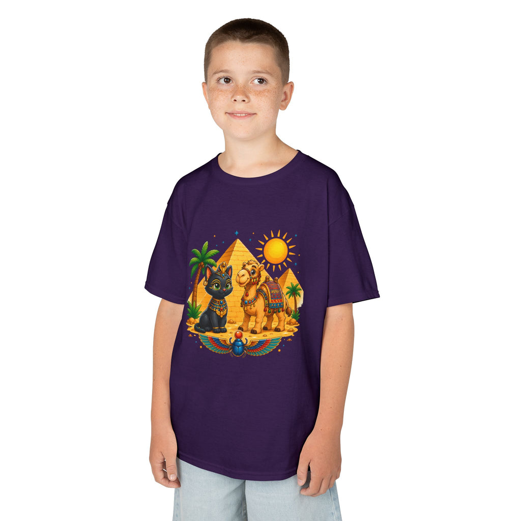 Egyptian Cats and Camel Kids Tee | Pyramid Desert Sun Illustration