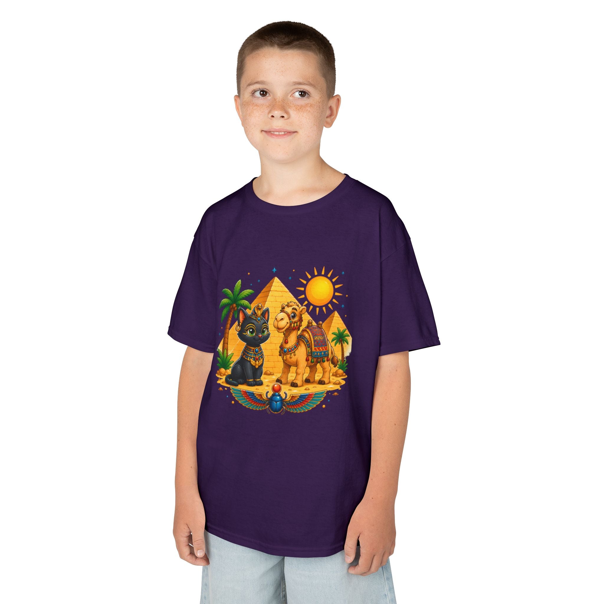 Egyptian Cats and Camel Kids Tee | Pyramid Desert Sun Illustration