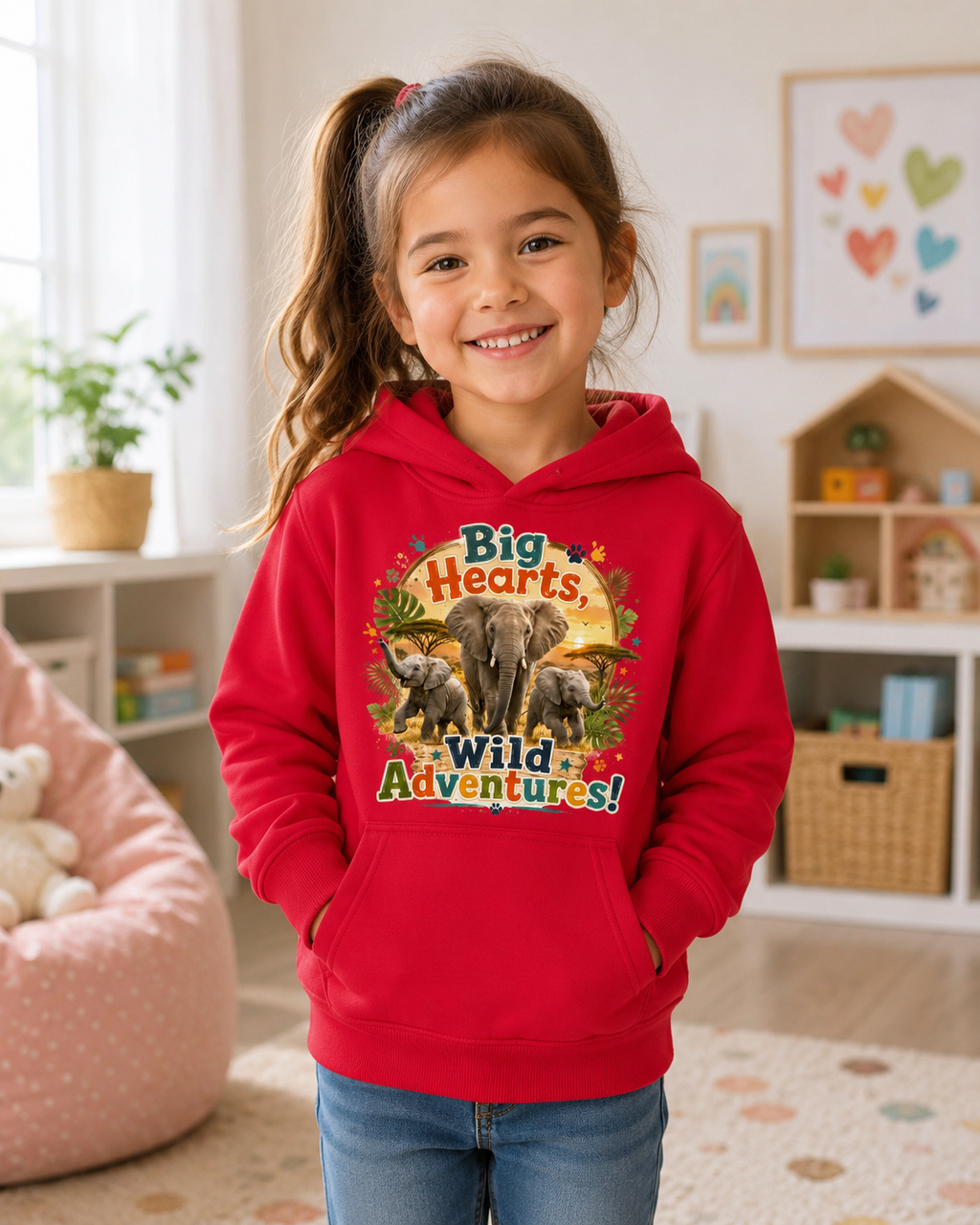 Kids Hoodie — "Big Hearts, Wild Adventures!" Elephant Safari Graphic