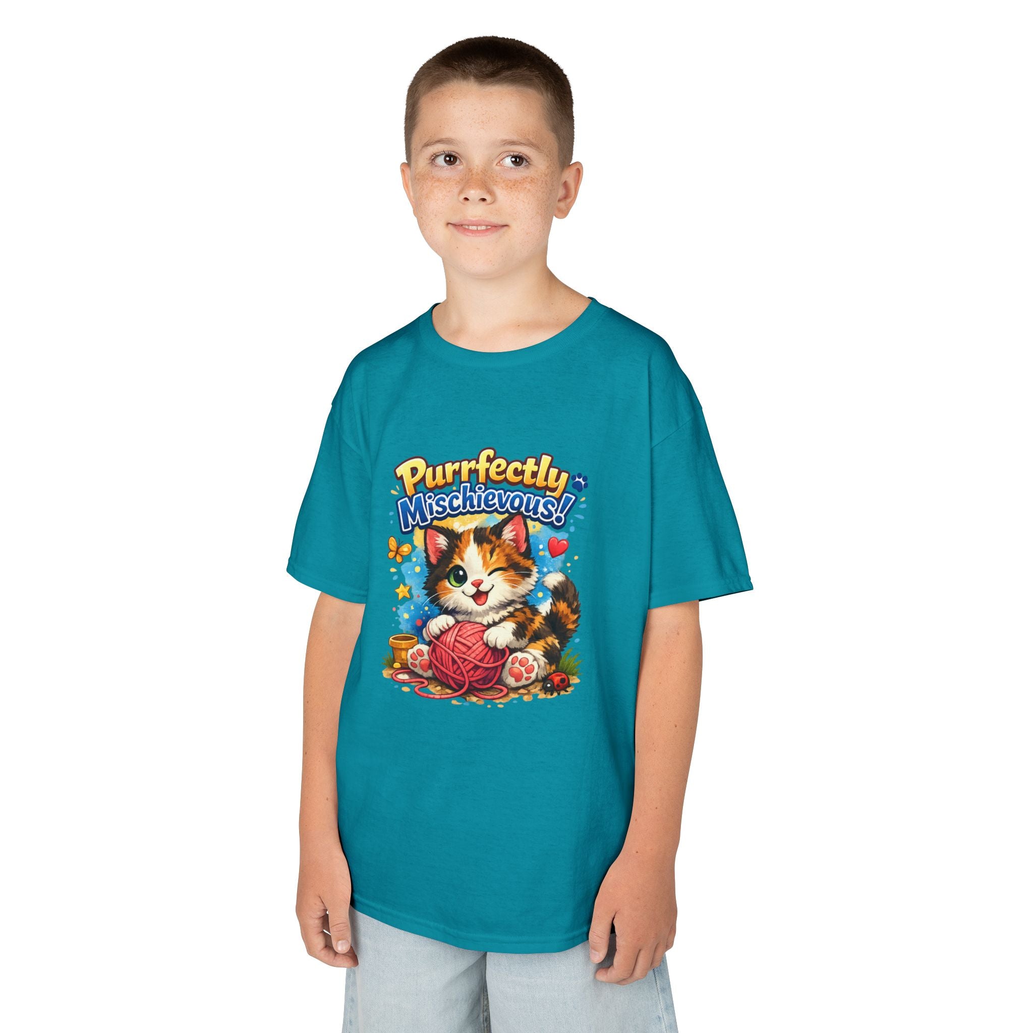 Kids T-Shirt — "Purrfectly Mischievous" Cute Kitten Playing with Yarn
