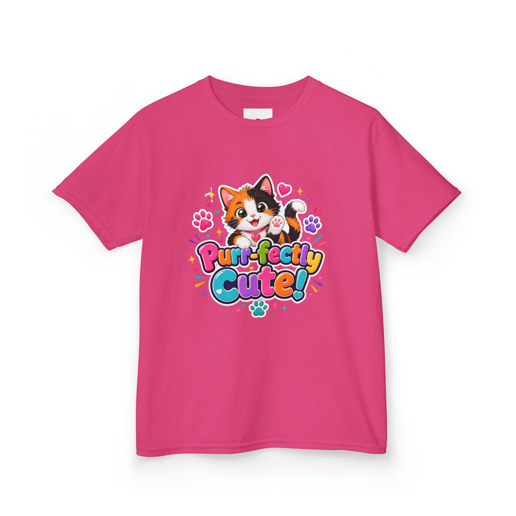 Kids Tee — “Purr-fectly Cute!” Colorful Calico Cat Graphic