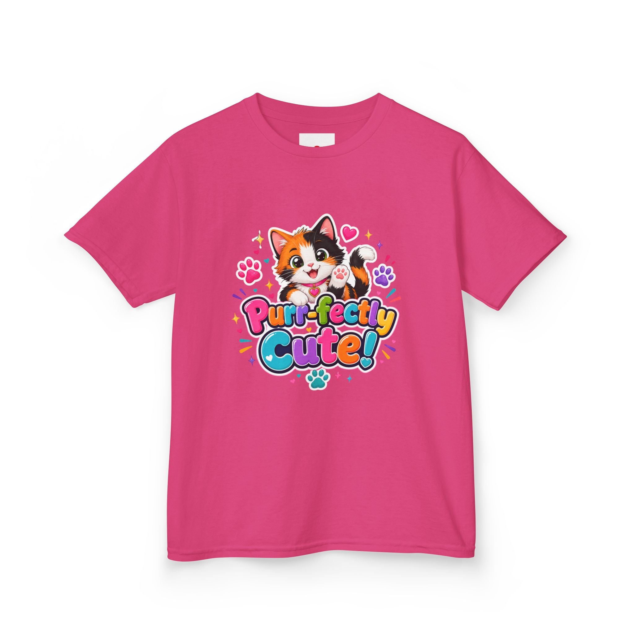 Kids Tee — “Purr-fectly Cute!” Colorful Calico Cat Graphic