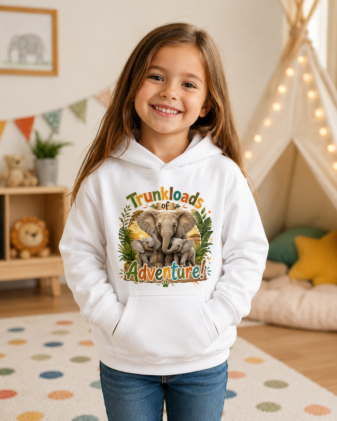 Kids Hoodie — "Trunkloads of Adventure" Elephant Graphic Hoodie for Children