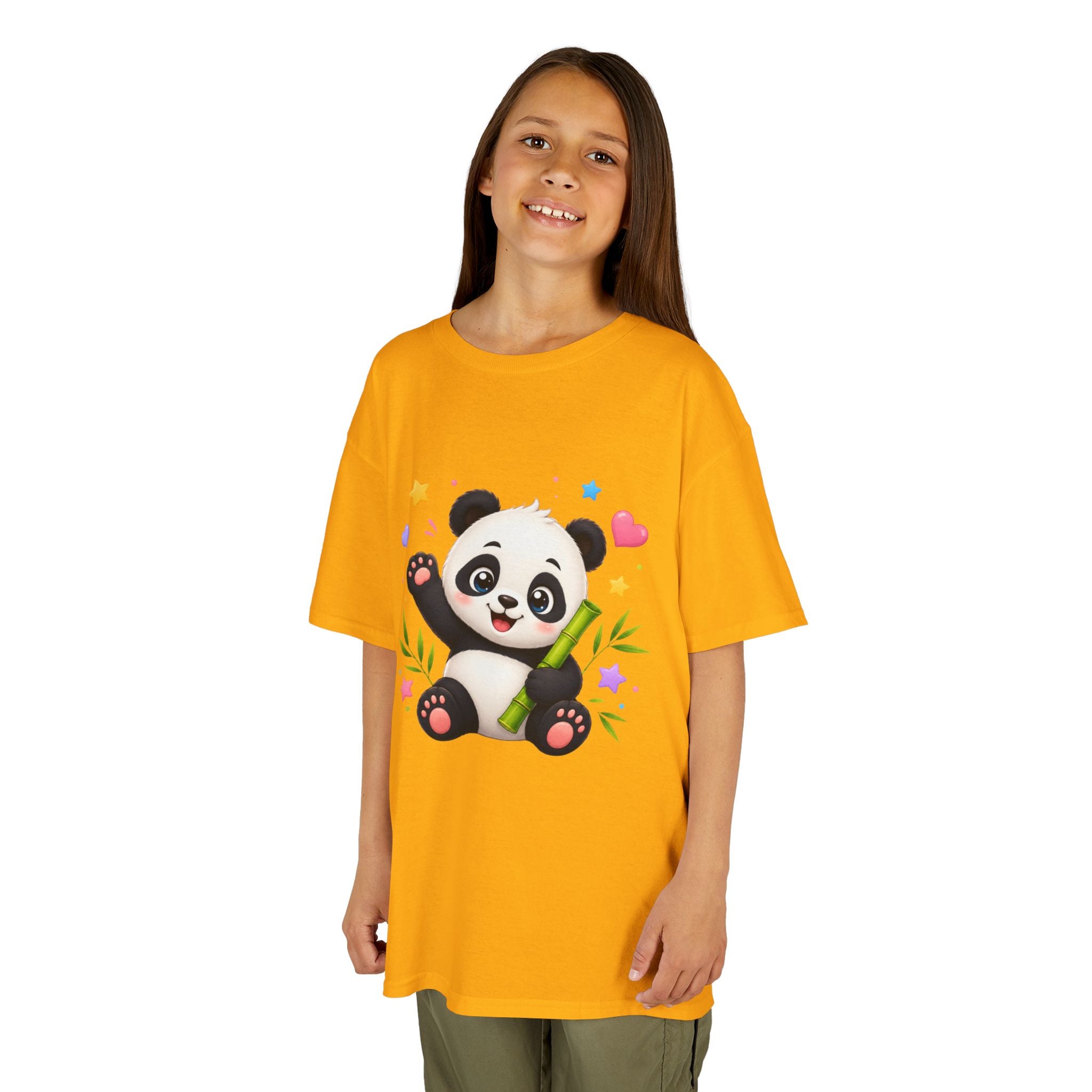 Cute Panda Kids T‑Shirt — Smiling Baby Panda with Hearts & Bamboo