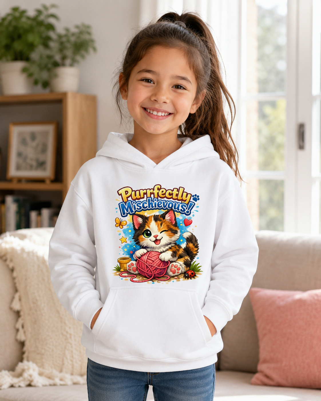 Kids Hoodie — "Purrfectly Mischievous" Cat Graphic Hoodie for Children