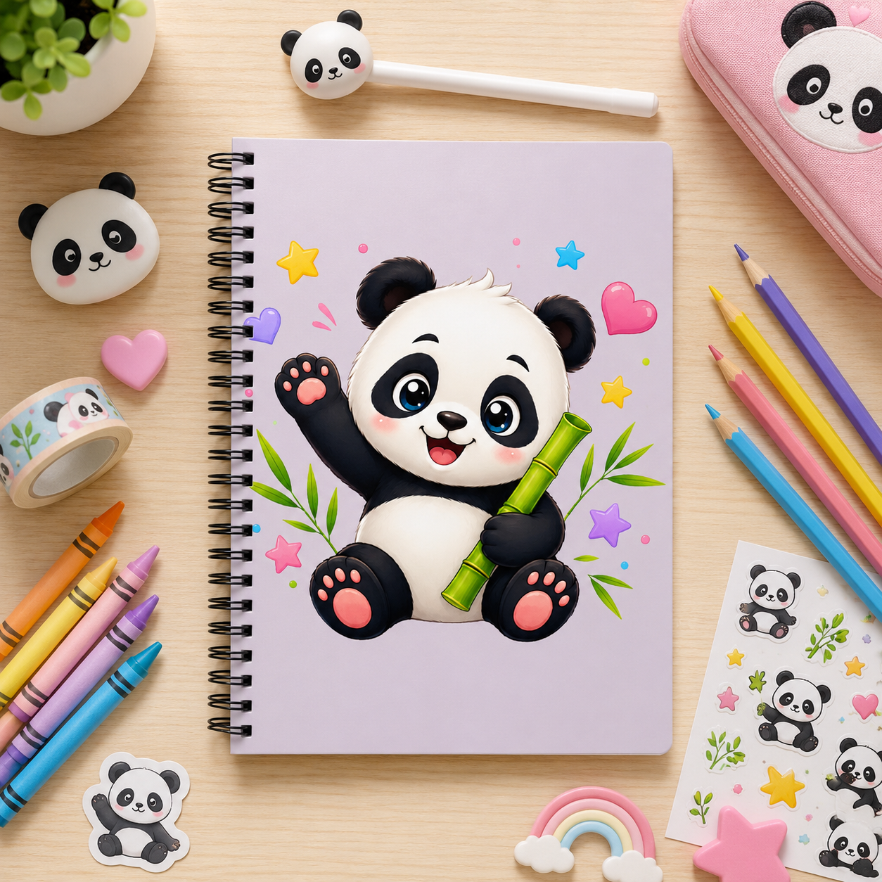 Cute Panda Spiral Notebook — Kawaii Baby Panda with Bamboo Ruled Journal