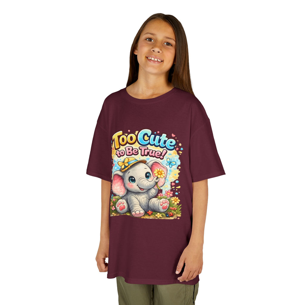 Kids Tee — "Too Cute to Be True" Elephant Graphic