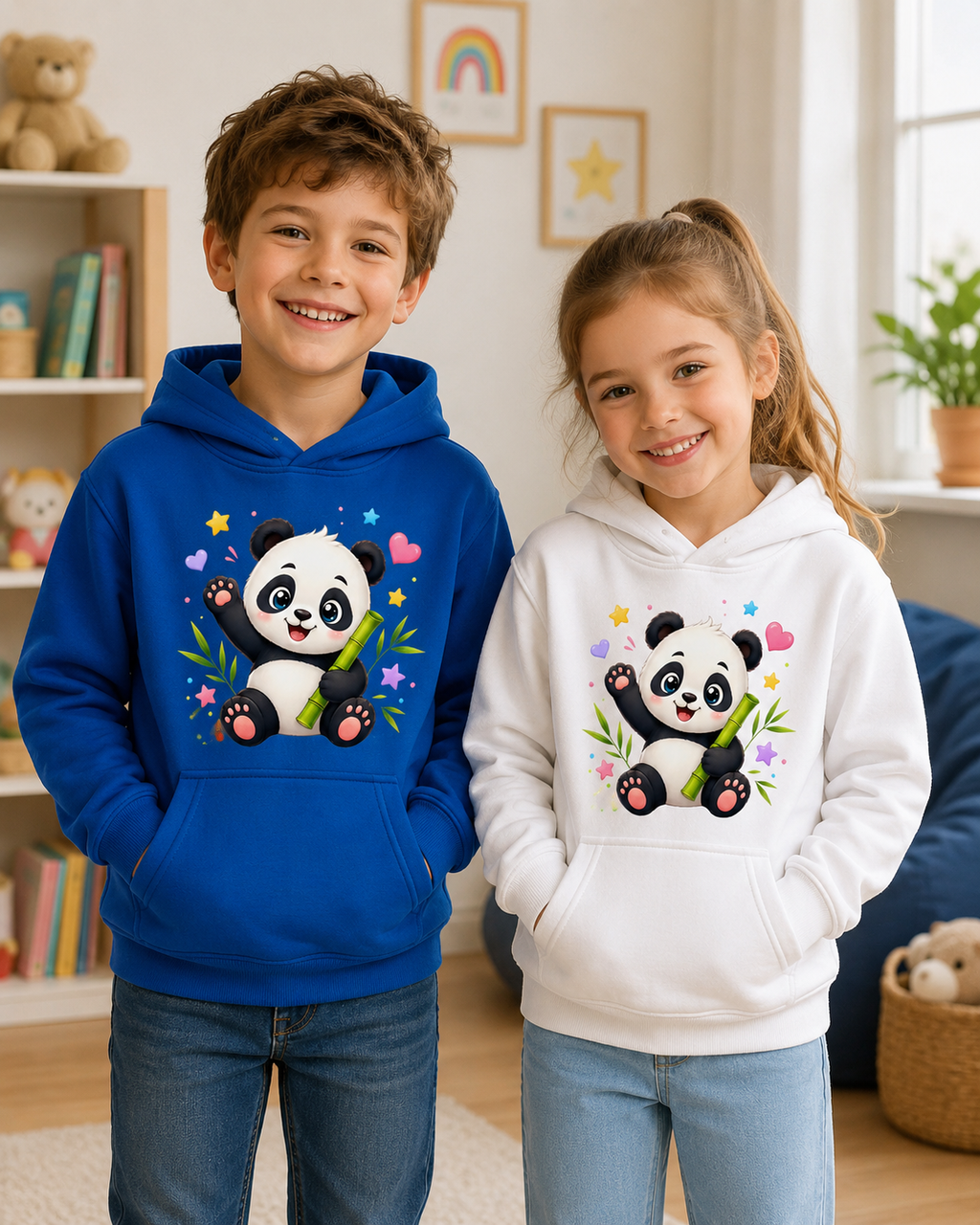 Kids Hoodie — Cute Smiling Panda with Bamboo & Hearts