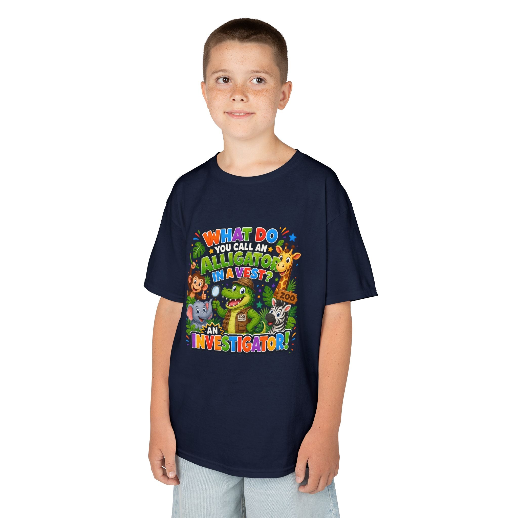 What Do You Call An Alligator? Investigator Kids T-Shirt | Cute Jungle Animals Puzzle