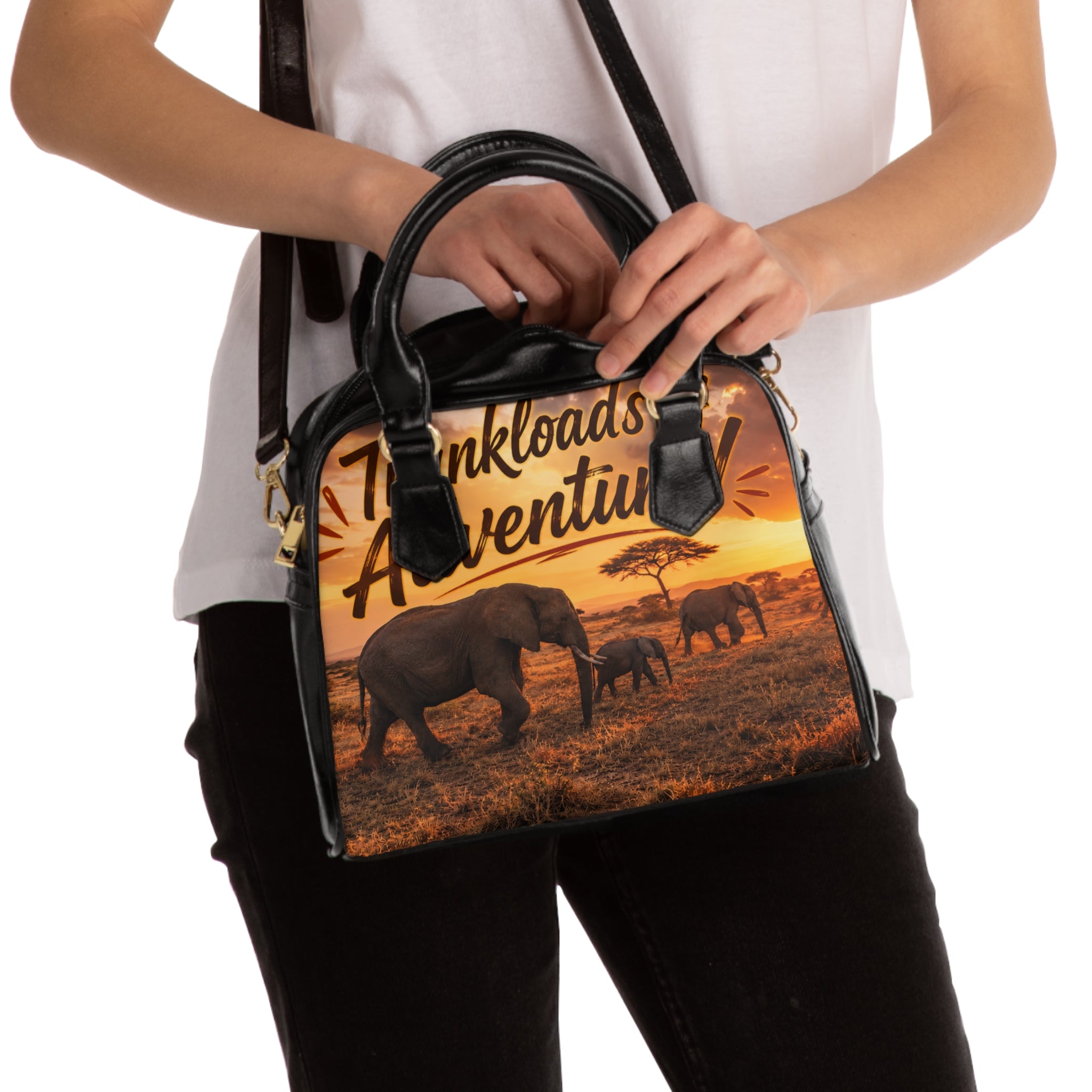 Shoulder Handbag - 'Trunkloads of Adventure' Sunset Elephant Print Travel Tote