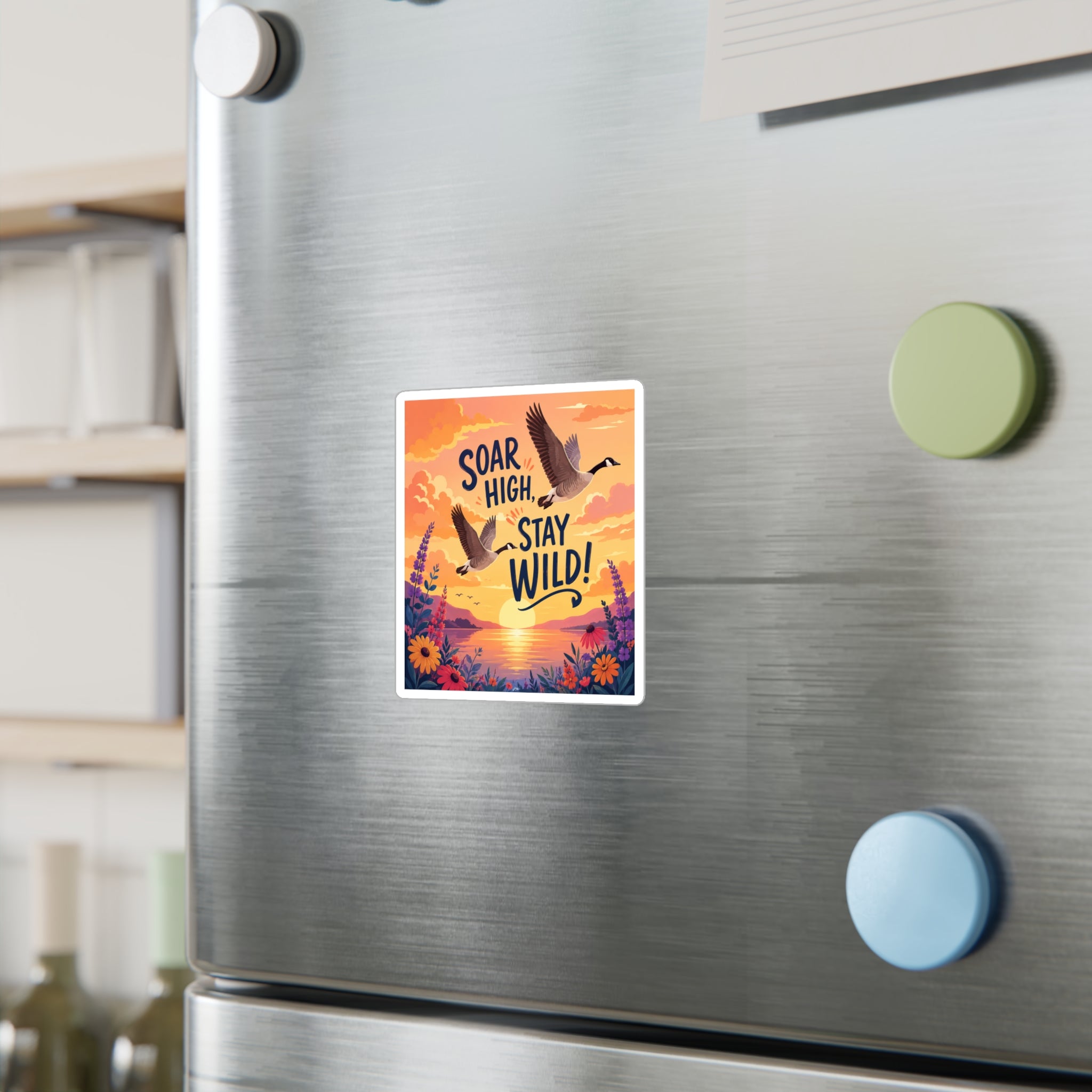 Soar High Stay Wild Vinyl Sticker — Goose Sunset Kiss-Cut Decal