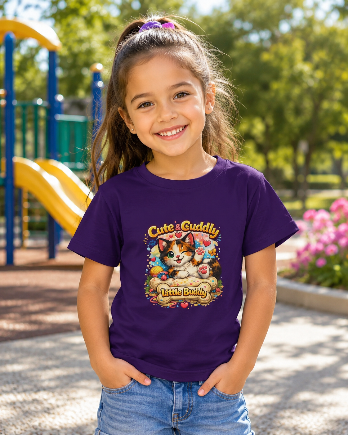 Kids T-Shirt — "Cute & Cuddly Little Buddy" Cat Graphic Tee