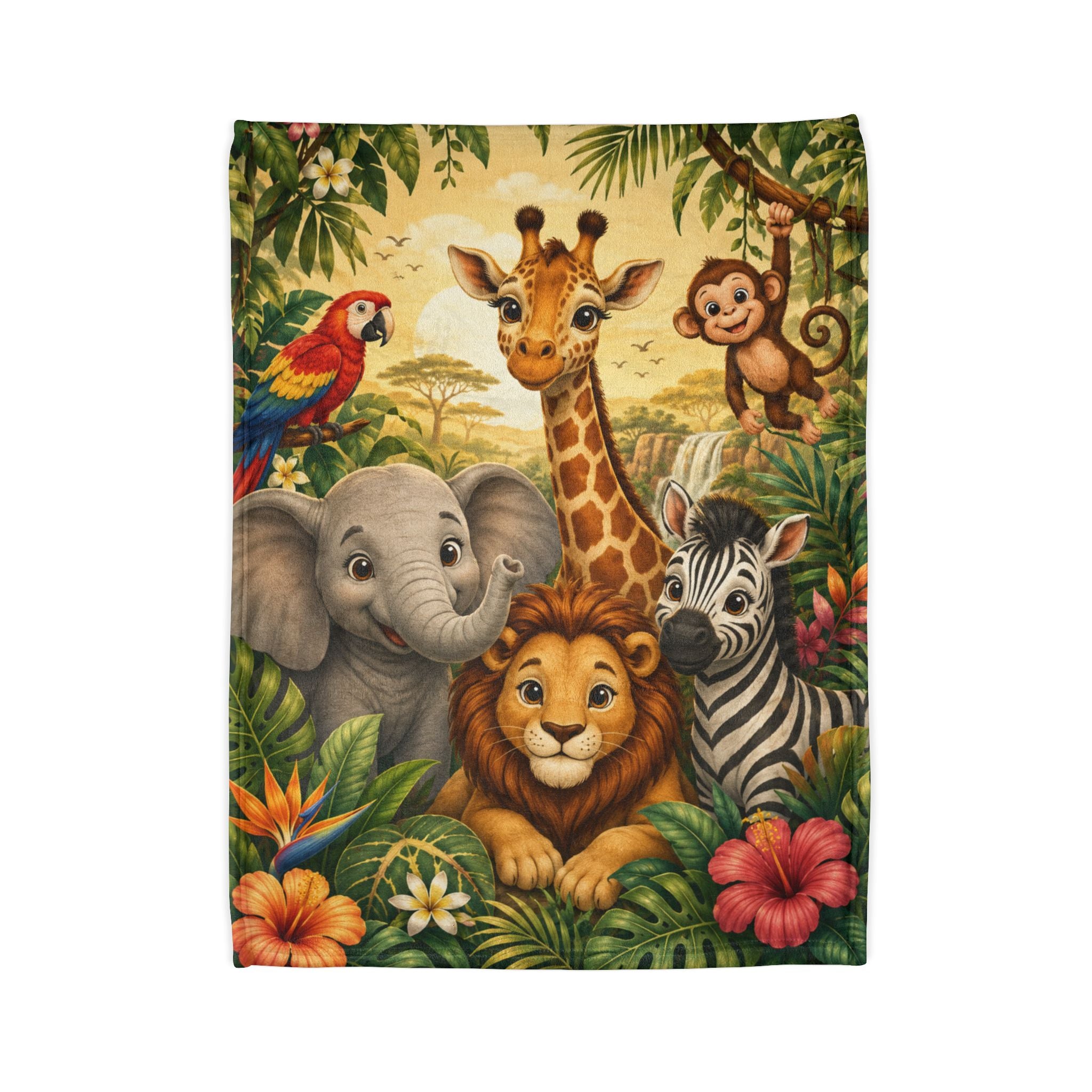 Safari Animal Friends Blanket | Jungle Lion Giraffe Elephant Zebra Monkey Parrot