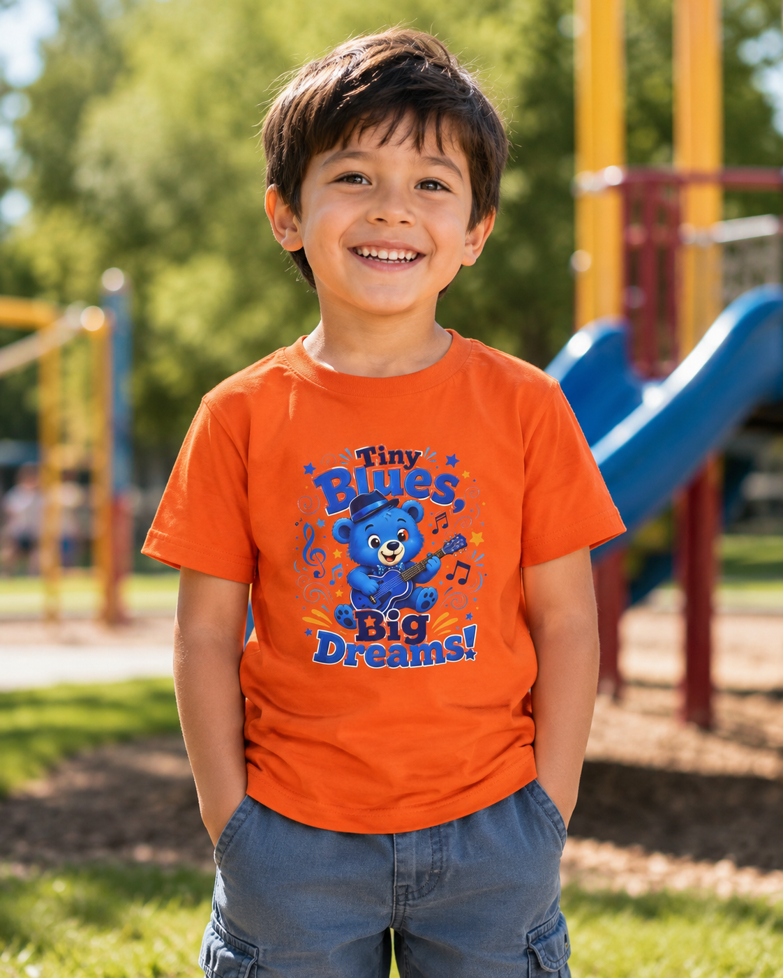 Kids Tee - "Tiny Blues, Big Dreams!" Cute Blue Bear Music Graphic