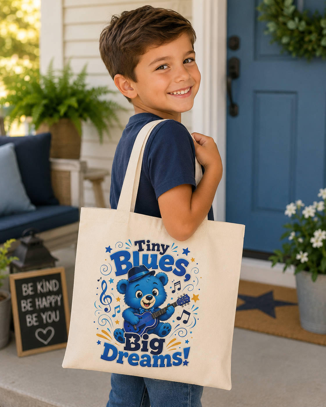 Little Blues, Big Smiles Tote Bag — Cute Blue Bear Guitar Eco Cotton Tote