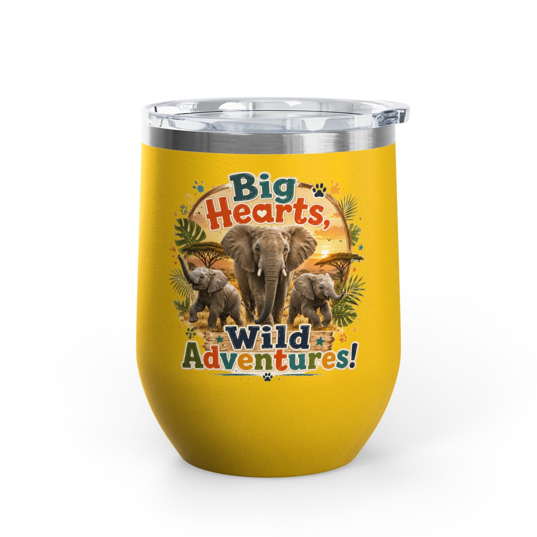 12oz Tumbler — "Big Hearts, Wild Adventures!" Elephant Safari Travel Cup