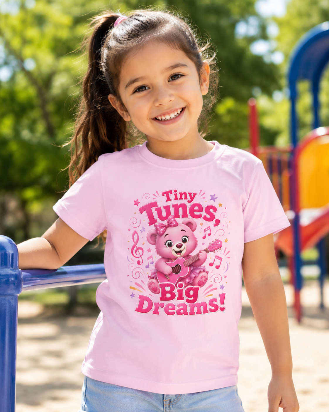 Kids T-Shirt — "Tiny Tunes, Big Dreams" Cute Pink Bear Music Tee