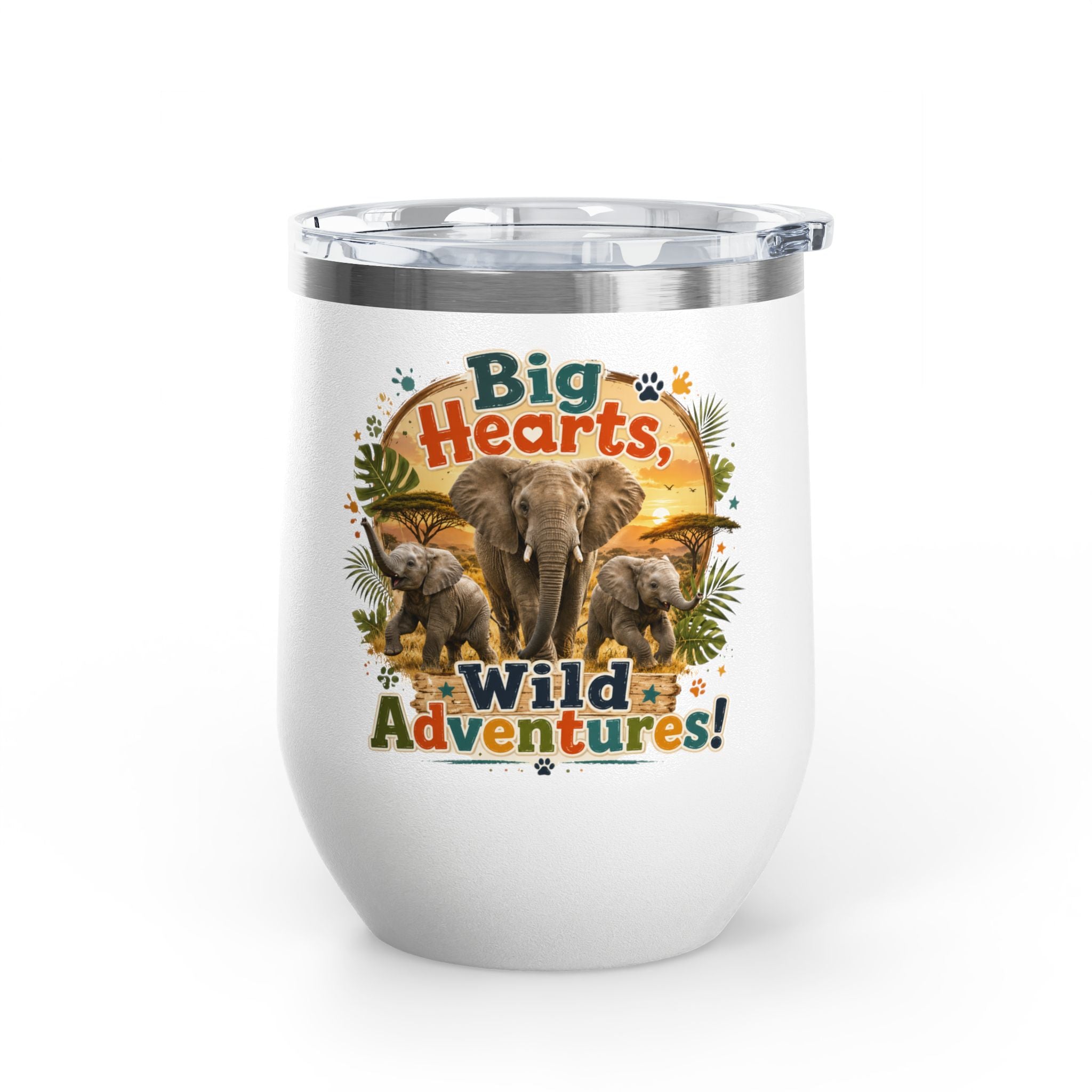 12oz Tumbler — "Big Hearts, Wild Adventures!" Elephant Safari Travel Cup