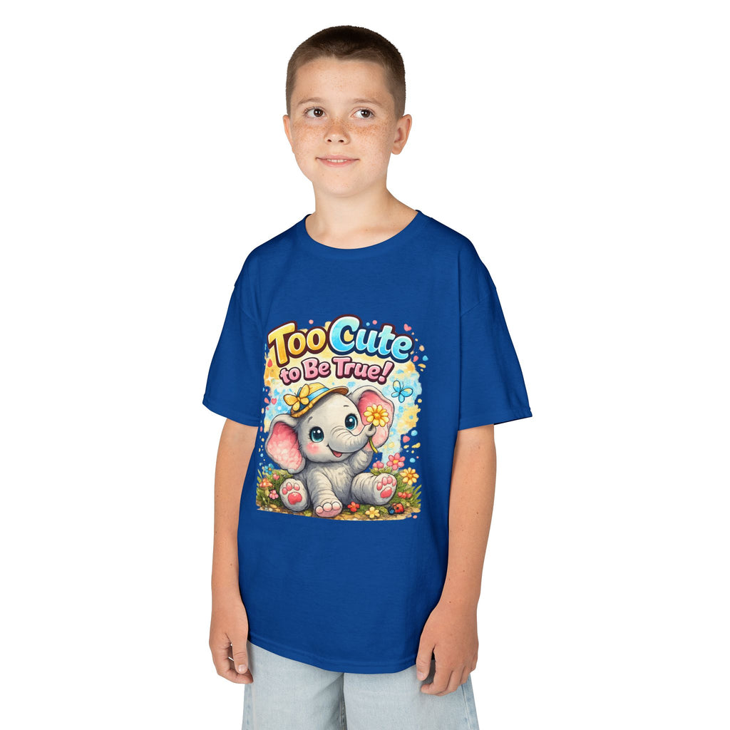 Kids Tee — "Too Cute to Be True" Elephant Graphic