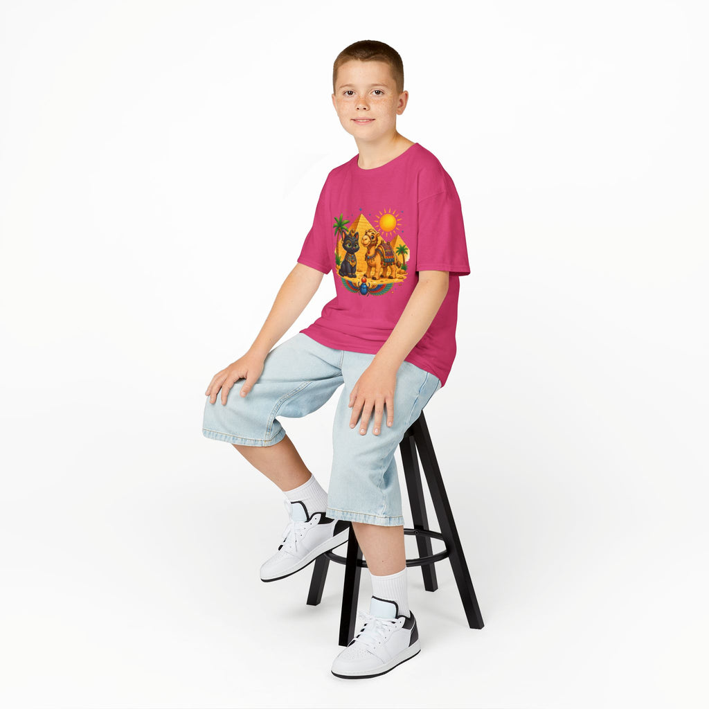 Egyptian Cats and Camel Kids Tee | Pyramid Desert Sun Illustration