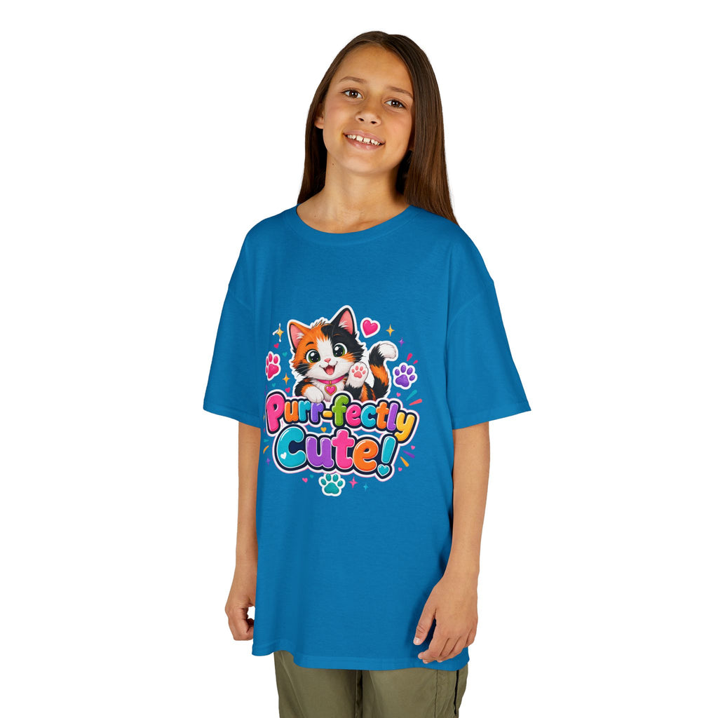 Kids Tee — “Purr-fectly Cute!” Colorful Calico Cat Graphic