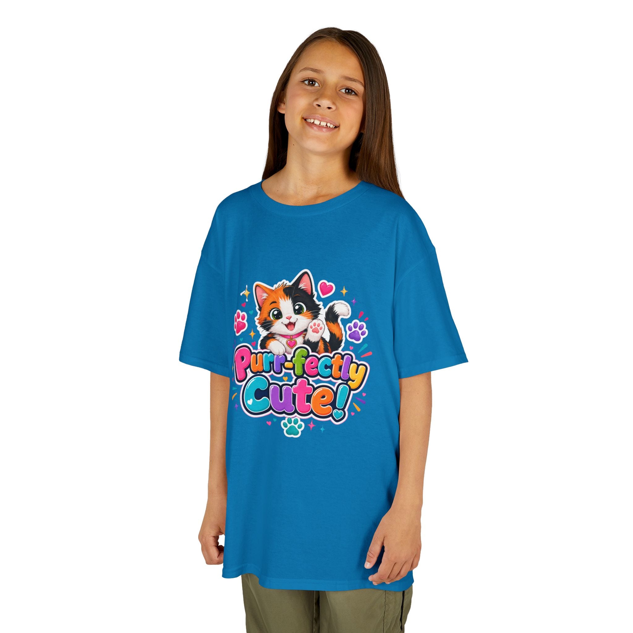 Kids Tee — “Purr-fectly Cute!” Colorful Calico Cat Graphic