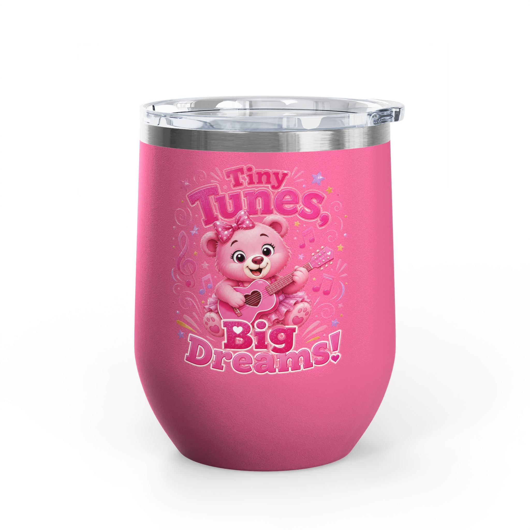 12oz Tumbler — "Tiny Tunes, Big Dreams" Cute Pink Bear Design