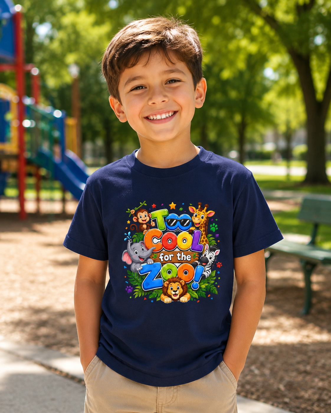 Kids Tee — "Too Cool for the Zoo" Colorful Animal Graphic