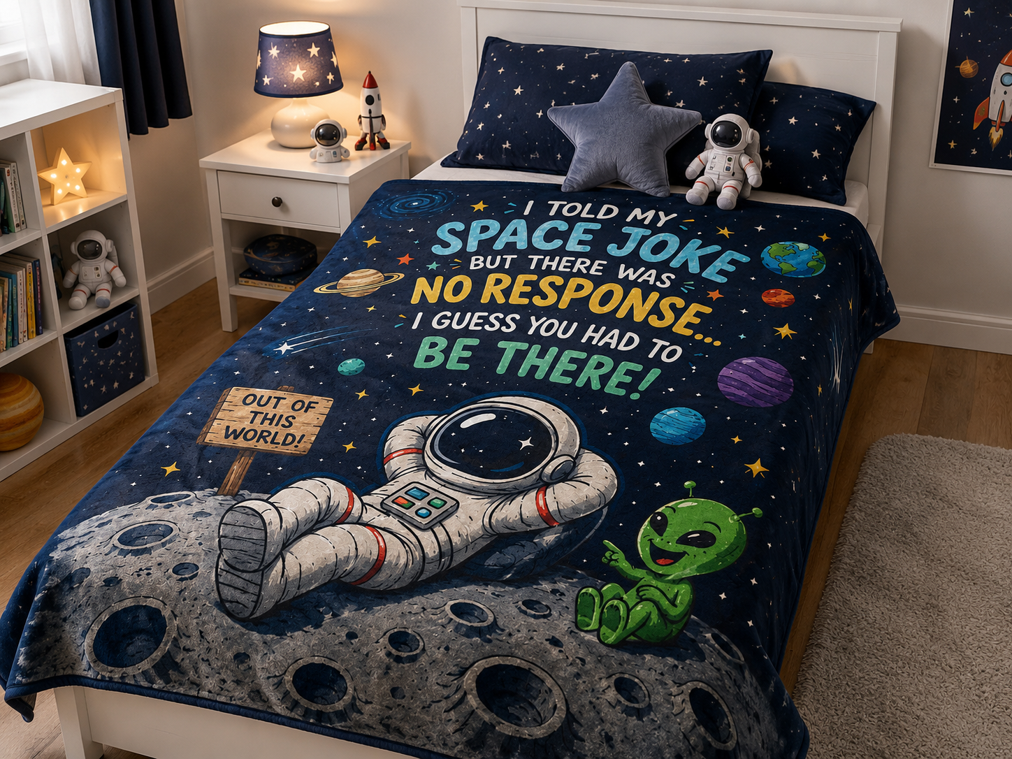 Astronaut & Alien Space Joke Blanket — "I Told My Space Joke... No Response" Cozy Throw
