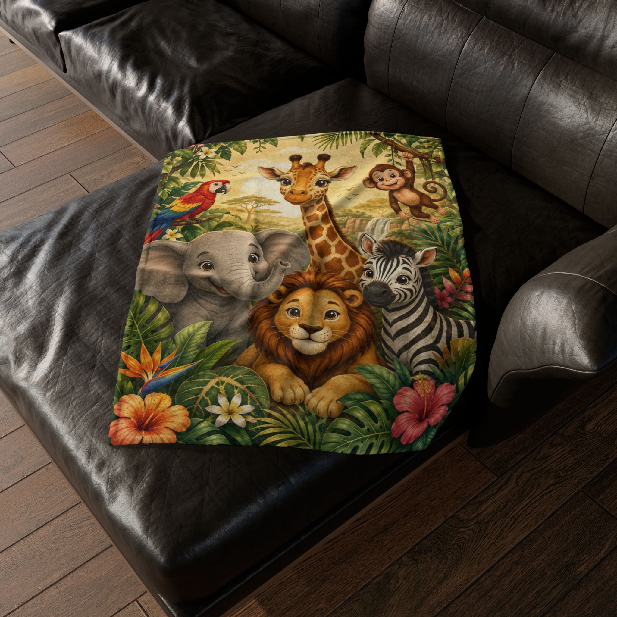 Safari Animal Friends Blanket | Jungle Lion Giraffe Elephant Zebra Monkey Parrot