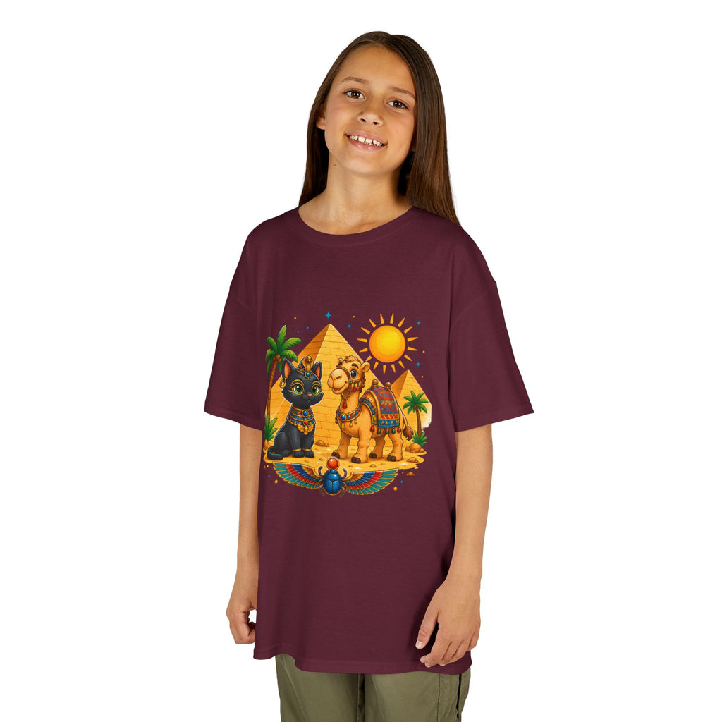 Egyptian Cats and Camel Kids Tee | Pyramid Desert Sun Illustration