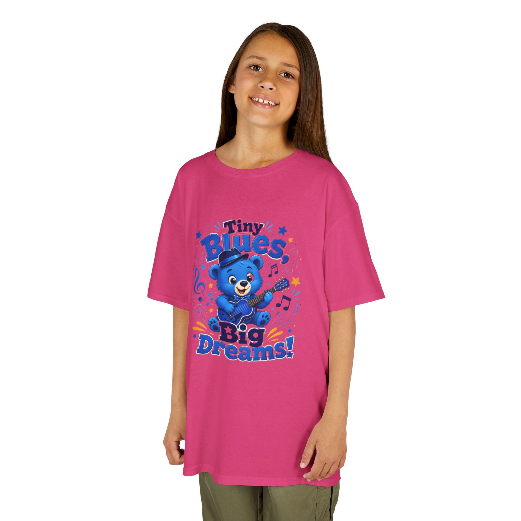 Kids Tee - "Tiny Blues, Big Dreams!" Cute Blue Bear Music Graphic