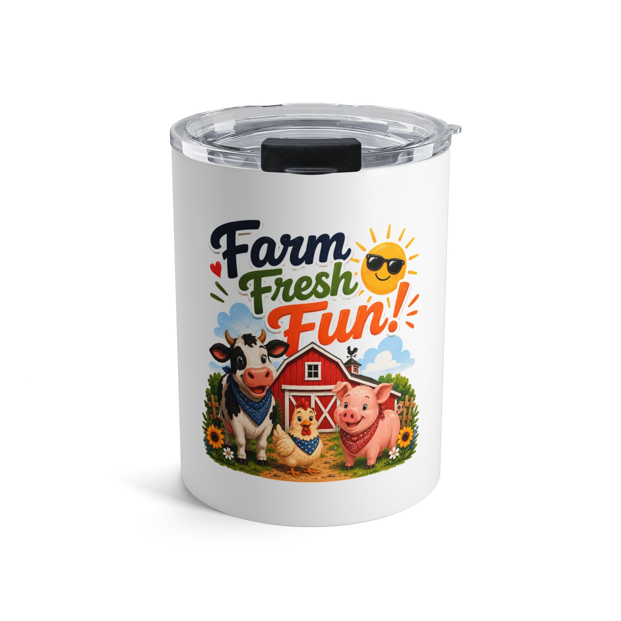 10oz Farm Fresh Fun Tumbler — Cute Barnyard Cow Pig Chick Insulated Mug