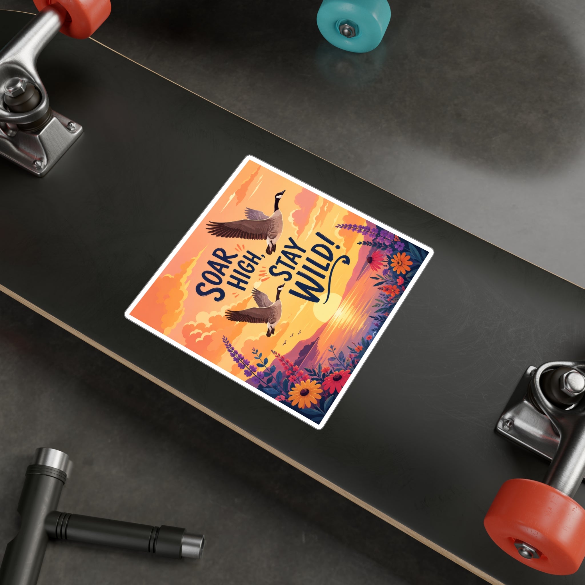 Soar High Stay Wild Vinyl Sticker — Goose Sunset Kiss-Cut Decal