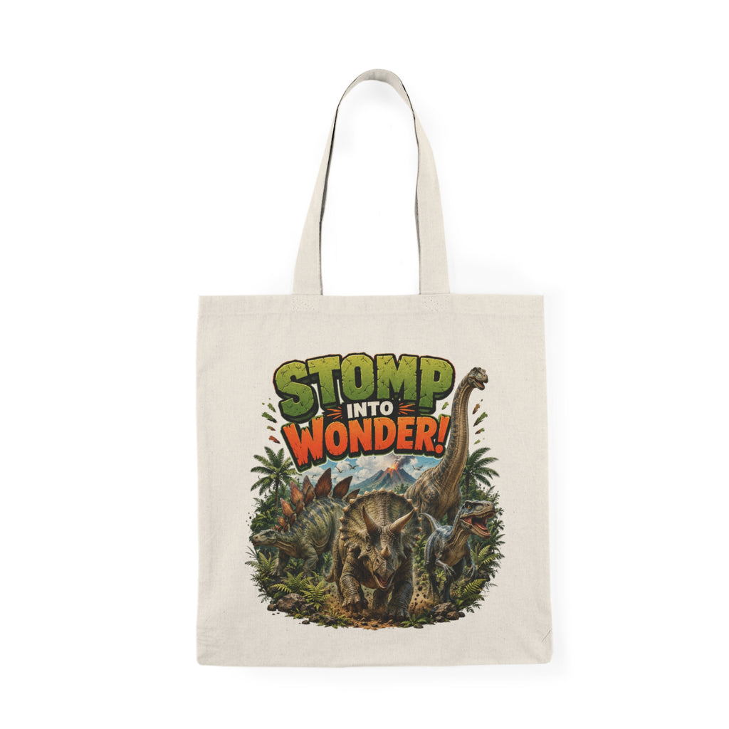 Stomp Into Wonder Natural Tote Bag — Retro Dinosaur Jungle Illustration