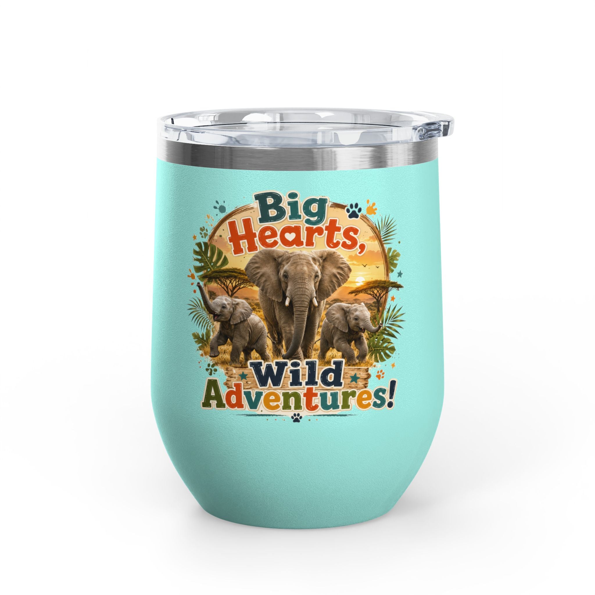 12oz Tumbler — "Big Hearts, Wild Adventures!" Elephant Safari Travel Cup